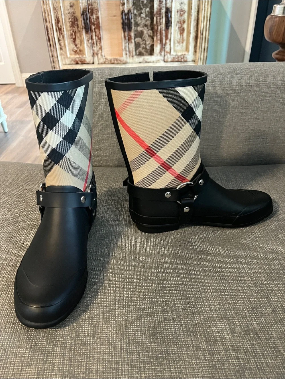 Burberry Plaid Rubber Rain Boots, Size 37